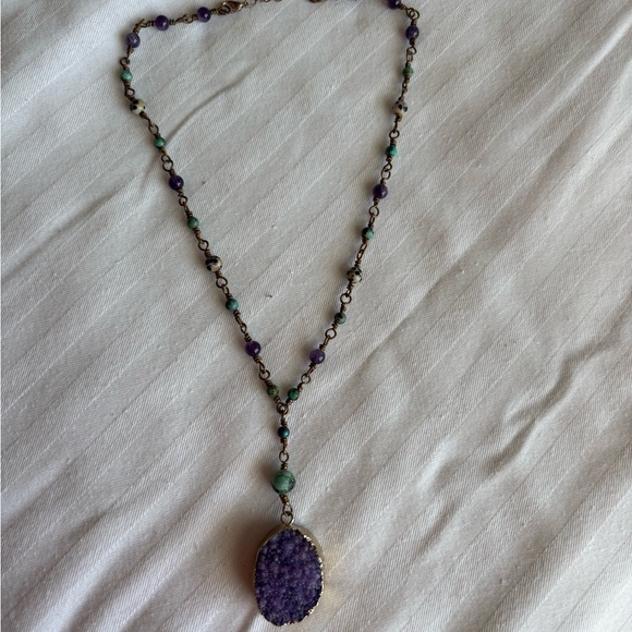 Jewelry - Purple and Green Beaded Necklace with Druzy Pendant